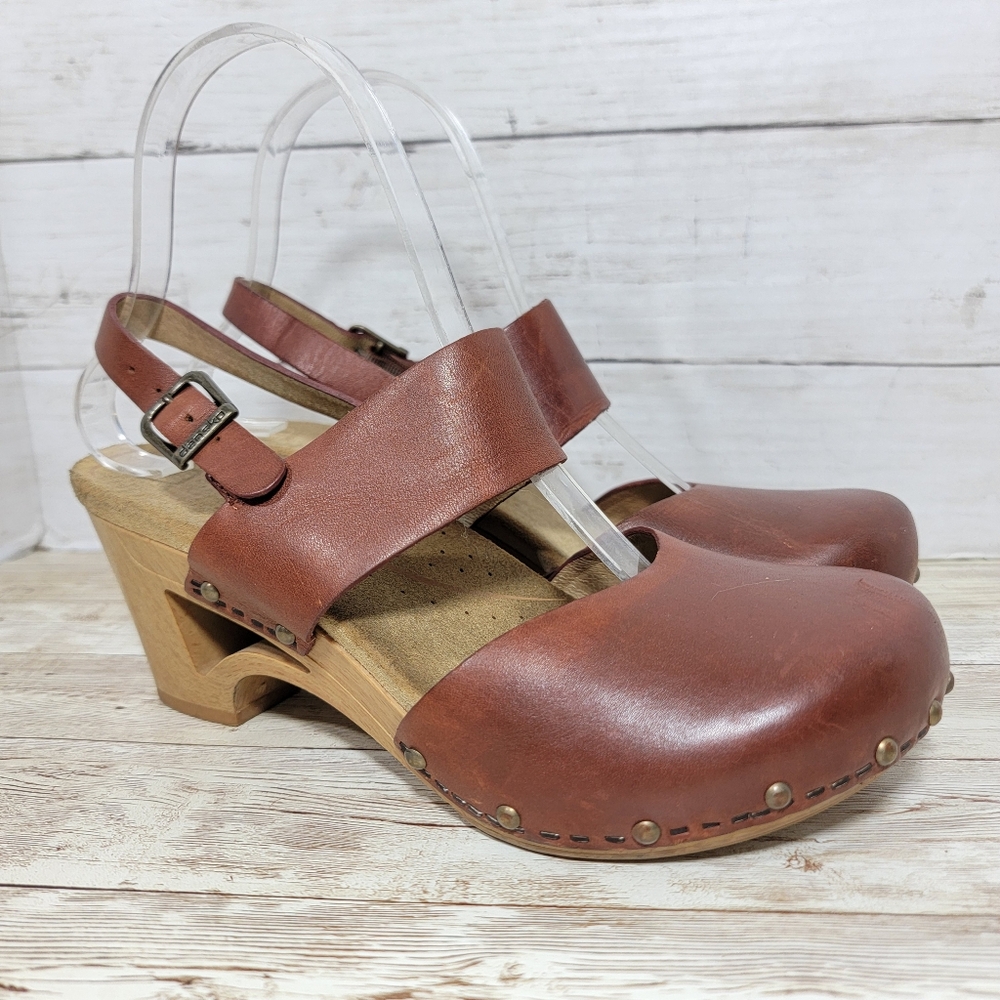 Dansko Brown Leather Slingback Clogs - Picture 2 of 12